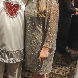 Sequin cocktail evening dress, long sleeve, backless detail